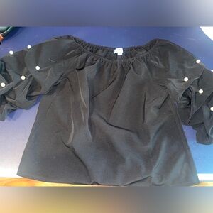 Black Blouse with Pearls on Ruffled Long Sleeves